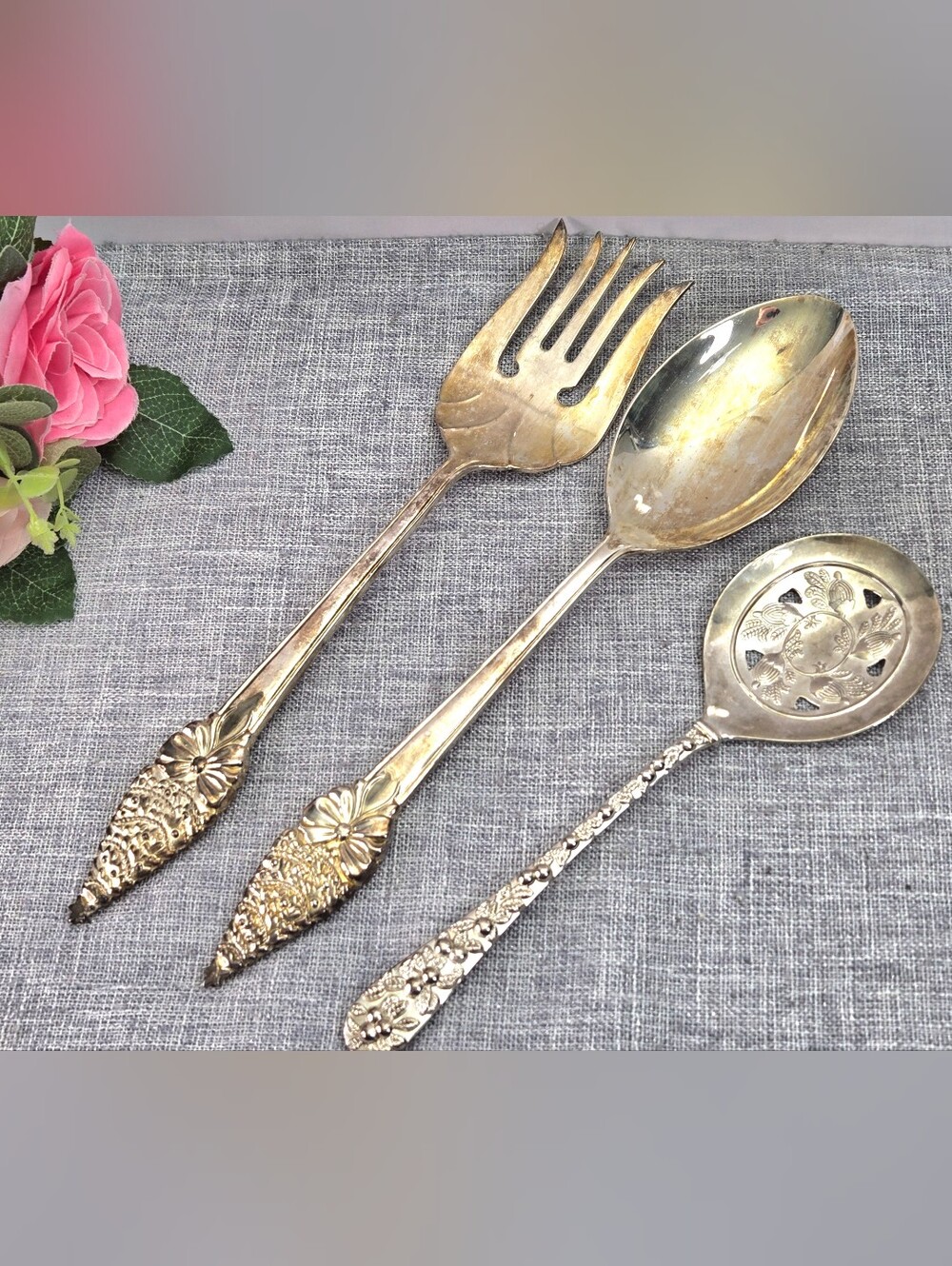 Vintage Silverplate Serving Set Lot 3pc Unbranded Salad Fork Spoon Pierced Spoon